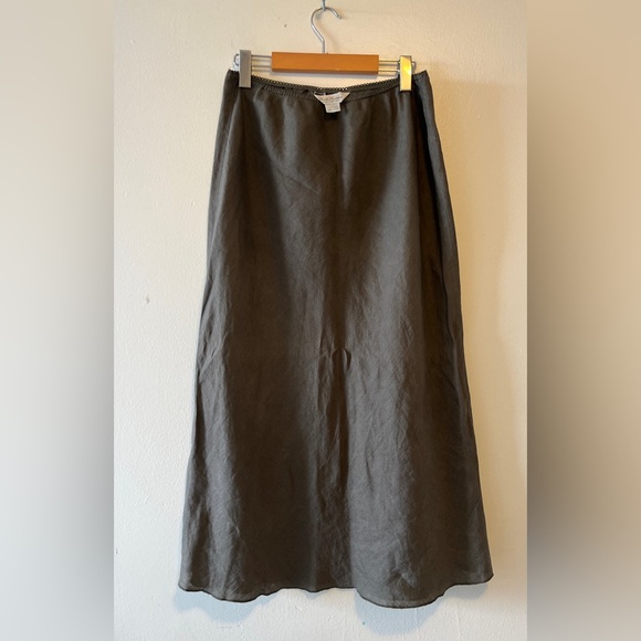 Brooks Brothers Olive Green 100% Bias Cut Linen Midi Skirt Sz Large Lightweight - Picture 2 of 9